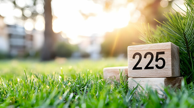 Number 225 on wooden blocks in grassy park at sunset;  background shows residential area. Ideal for blog, calendar, or website