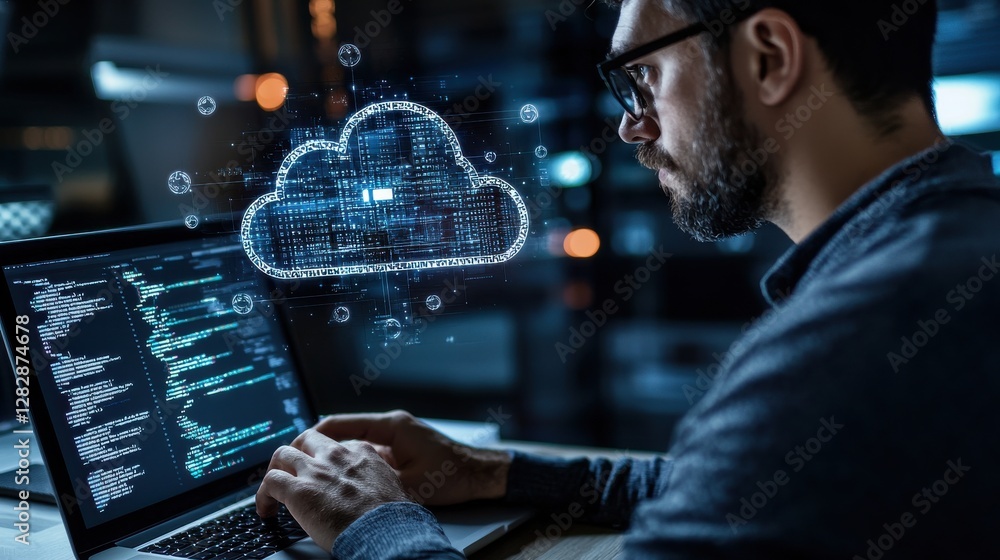 Aufkleber a man is typing on a laptop with a cloud on the screen