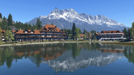 Fototapeta premium Mountain Lake Resort with Stunning Alpine Views