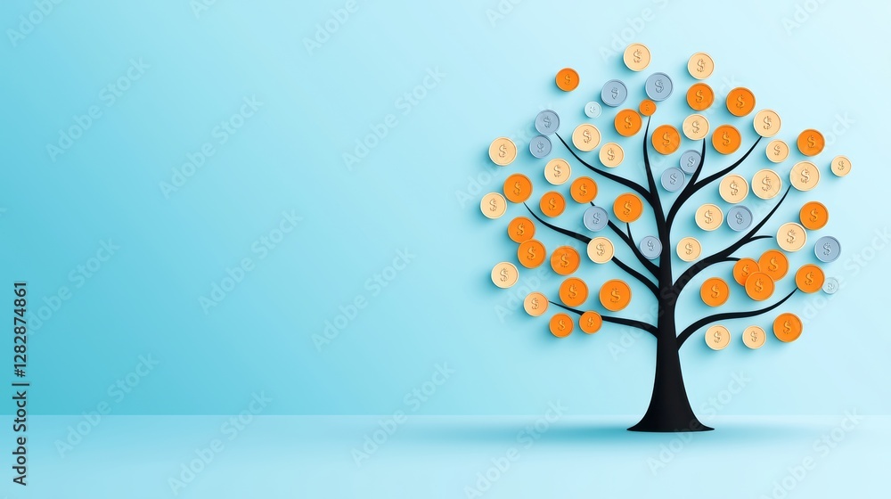 Poster a symbolic image of a tree growing coins instead of leaves, representing the potential for long-term