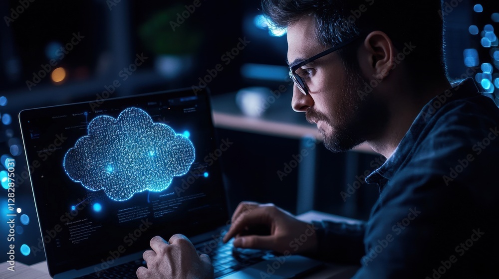 Aufkleber A man is using a laptop computer with a blue cloud on the screen
