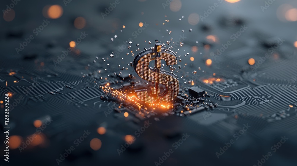 Poster a symbolic image of a circuit board merging with a dollar sign, signifying the convergence of techno