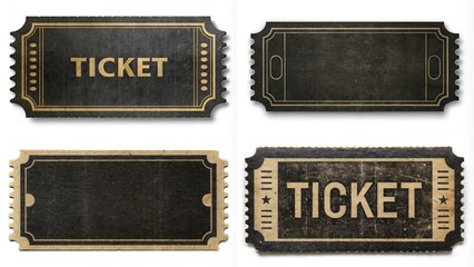 Four tickets with the word "ticket" written on them. The tickets are black and brown and appear to be old