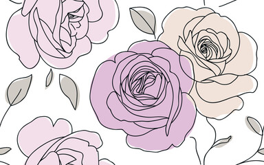 Seamless pattern with beautiful vintage rose and decorative leaf silhouette. Wallpaper with abstract pink and yellow rose flower on white background. Vector stock illustration.