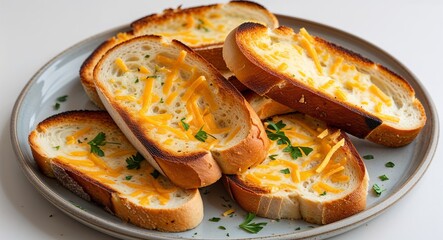 bunch of cheesy garlic bread slices toasted well on a plate on plain white background