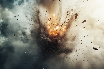 Fototapeta premium Dynamic explosion showcasing debris and dust particles suspended in mid-air against a serene backdrop, perfect for impactful storytelling and design projects