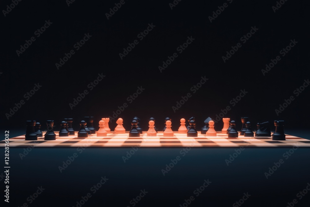 Poster surreal image of vehicles arranged like chess pieces on digital grid illuminated softly with generou