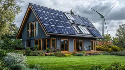 Eco-Friendly Dream Home: Captivating architectural image showcasing a modern house equipped with solar panels and a wind turbine, symbolizing sustainable living and environmental responsibility.