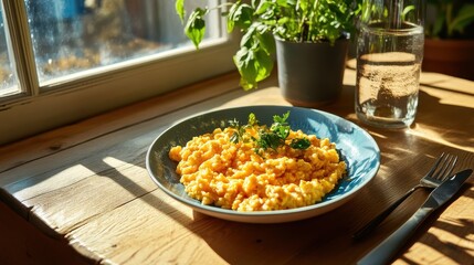 Scrambled Eggs on Blue Plate Served with Fresh Herbs and Water