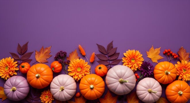 Calabazas de estilo 3D y frutas de oto&ntilde;o sobre fondo morado