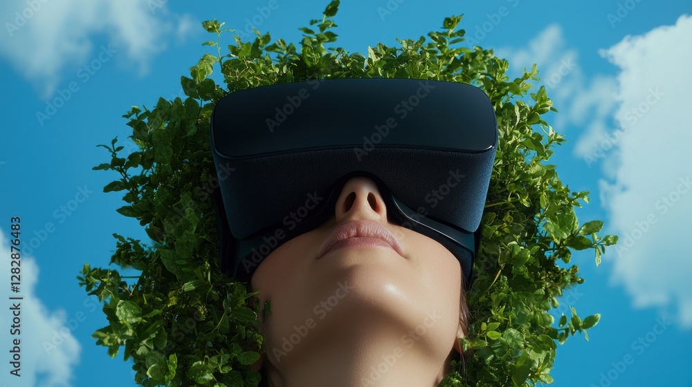 Poster a person wearing a virtual reality headset immersed in a digital environment, showcasing the transfo