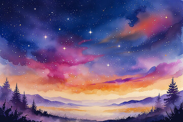 Naklejka premium Watercolor Night Sky with Stars and Mountain Landscape