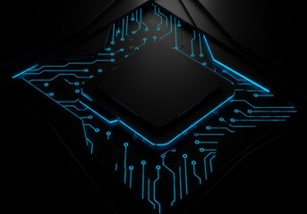 Futuristic black geometric shapes illuminated by blue light lines