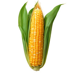 Fresh corn on cob with leaves isolated on transparent background