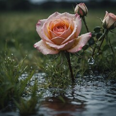 A close-up of a delicate rose with blurred grass and water in the background.