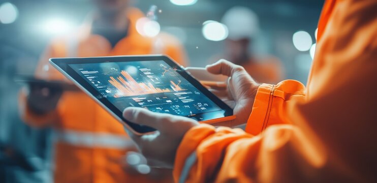 Analyzing Project Data on Tablet:  Construction Site Management Software Improves Efficiency and Productivity Significantly.