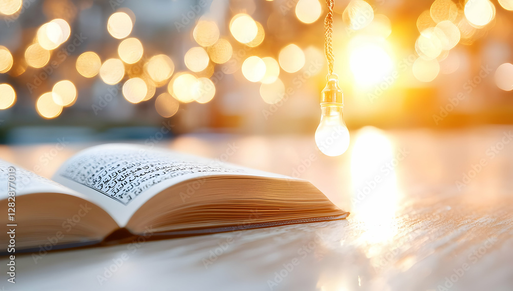 Aufkleber open book on table, illuminated by a hanging lightbulb against a bokeh background of warm lights; id