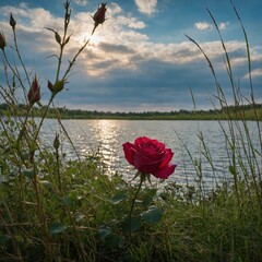 A rose seen through blades of grass, the lake and sky blending softly in the distance.