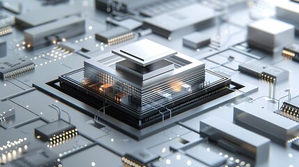 Futuristic Architectural Model on Digital Circuit Board with Lights and Details