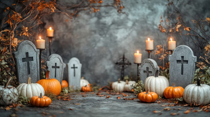 Haunted Halloween Scene: Spooky ambiance unfolds with illuminated pumpkins and eerie tombstones, evoking the spirit of All Hallows' Eve.
