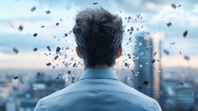 A businessman standing on a rooftop overlooking a cityscape, his shoulders slumped and his tie loose, while a stock market ticker tape displaying plummeting numbers reflects in the window behind him.