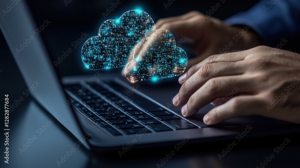 Poster a person is typing on a laptop with a cloud on the screen