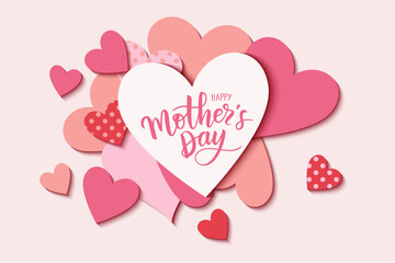 Mother's Day design template. White, red, pink and with polka dot heart with Happy Mother's Day calligraphic lettering text. Vector stock illustration.