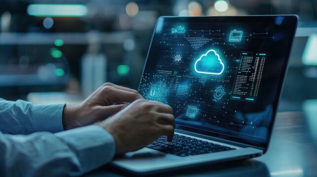 A person is typing on a laptop with a cloud icon on the screen - Powered by Adobe