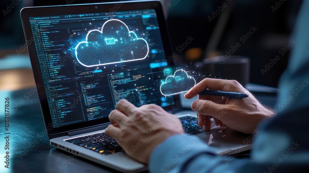 Poster A person is using a laptop to type on a cloud