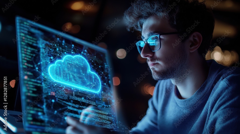 Poster a man is looking at a computer screen with a cloud on it