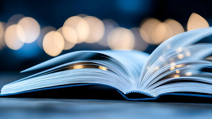 Naklejka premium Open book on table, magical lights bokeh background; reading, knowledge, education, night study concept; ideal for websites, blogs, or educational materials