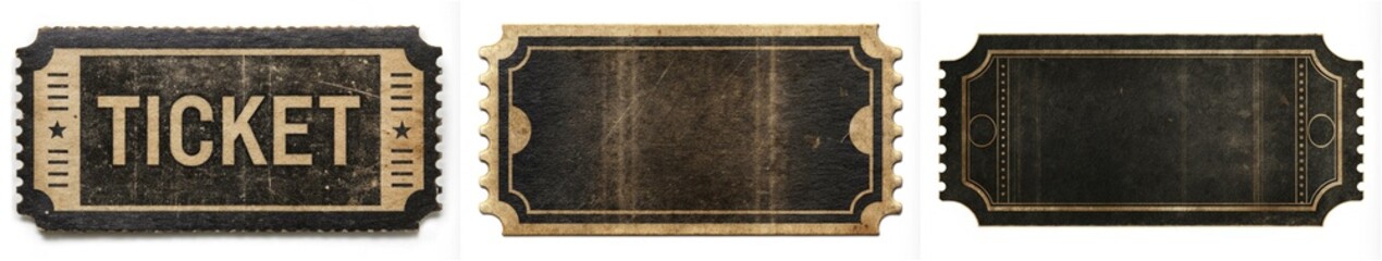 Three tickets with the word "ticket" written on them. The tickets are old and worn, and they appear to be from a time when tickets were more common