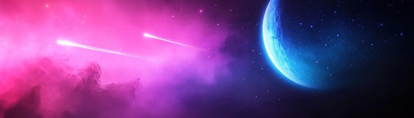 Obraz premium A vibrant cosmic scene featuring a blue planet surrounded by pink nebulae and bright comets streaking through the starry sky.