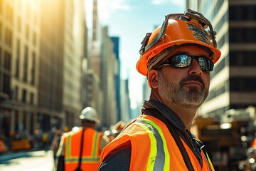 Fototapeta premium Construction Worker Surveys Cityscape: Building a Modern Metropolis, Skilled Labor in Action, Safety First on Urban Projects