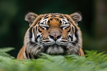 Fototapeta premium tiger crouched in stalking position among green ferns ready to pounce