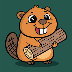 Vector beaver With Wood Cartoon Illustration