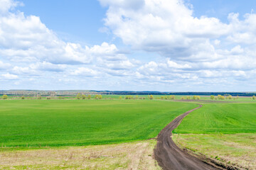 Winding dirt road through green farmland
