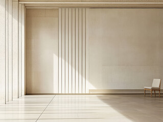 Minimalist interior design featuring natural light and simple furniture in a spacious room