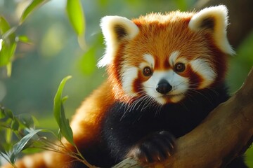 Naklejka premium Firefox, red panda, resting on a branch, looking at viewer