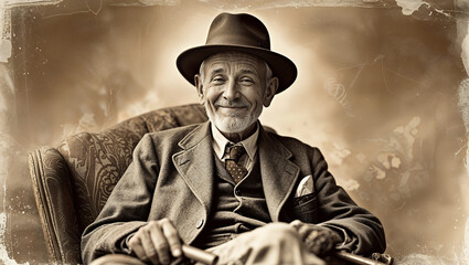 Old Man with a Hat and Cane Sitting Comfortably in a Peaceful and Relaxing Setting