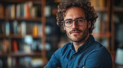 Obraz premium fashionable man with curly hair and stylish glasses posing in a comfortable setting showing his relaxed attitude and confidence during a casual conversation