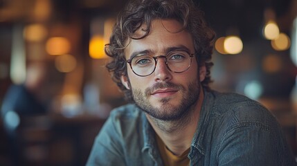 Obraz premium fashionable man with curly hair and stylish glasses posing in a comfortable setting showing his relaxed attitude and confidence during a casual conversation