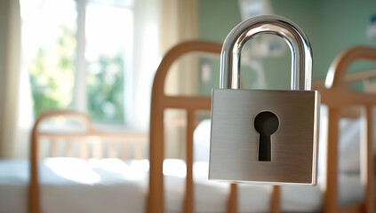 Padlock in focus over blurred hospital room; patient data security concept; medical privacy