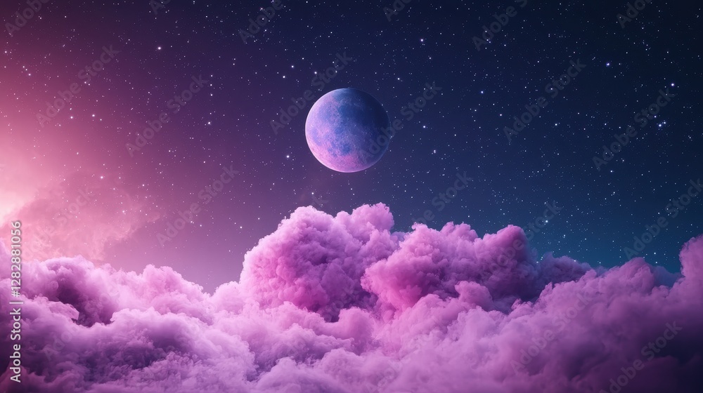 Poster close-up shot of a colorful nebula cloud with swirling gases and dust particles, illuminated by the 