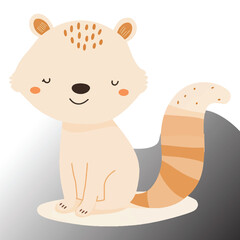 Cute cartoon raccoon, pastel colors, minimalist style, kawaii, big eyes closed, smiling, fluffy texture, rounded shapes,