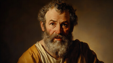 Obraz premium A masterfully painted classical artwork depicting a bearded man with a humble yet wise expression, softly lit by a golden glow