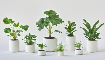Obraz premium Collection of Lush Green Potted Plants in White Cylindrical Pots Against a White Background
