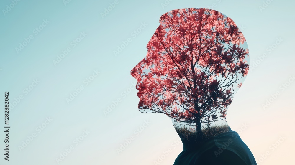Poster a double exposure portrait with a person s face blended with an image of a flower, using color to hi