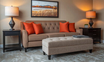 Cozy living room with modern furniture and warm lighting in a contemporary setting