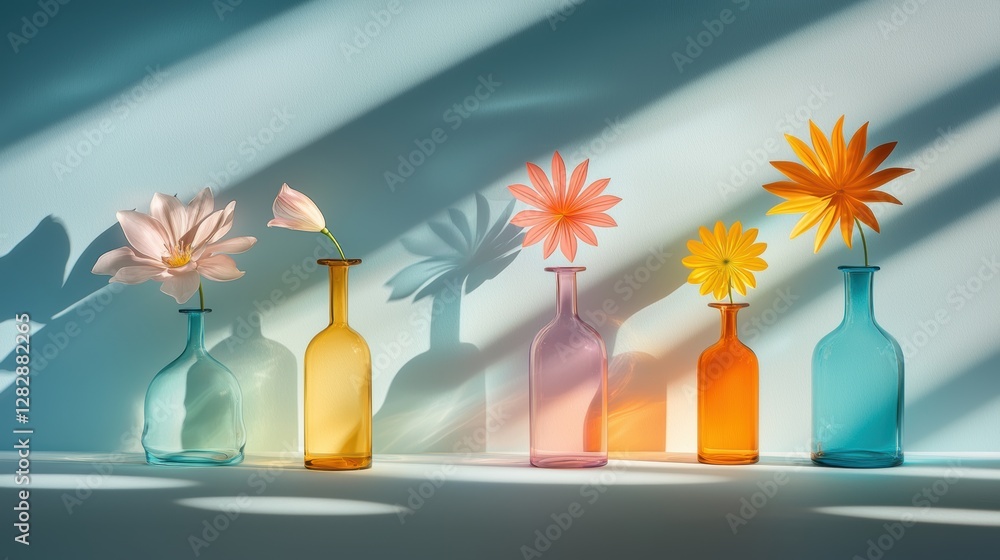 Poster a still life photograph of glass objects arranged on a table, with light refracting through them to 